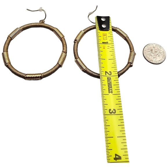 Pierced Earrings Artisan Hoop Mixed Material Beige Textile Cord Gold Tone Metal - Picture 5 of 6